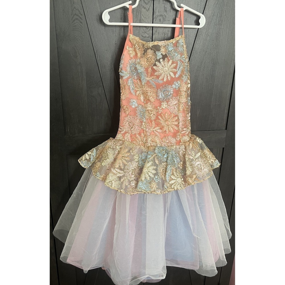 Curtain Call Salmon Blue Gold Tulle Child  Med Ballet Tutu